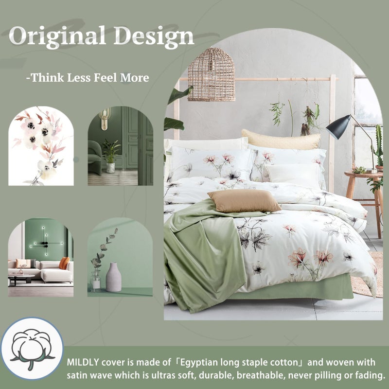 MILDLY 100% Long-Staple Cotton Duvet Cover Set White Green Floral Leaves Pattern Printed Comforter Cover 3pcs, Ultra Soft & Breathable Bedding Set - Image 3